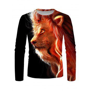 

Lion Animal Print T-shirt Long Sleeve Casual Round Neck Tee, Multicolor