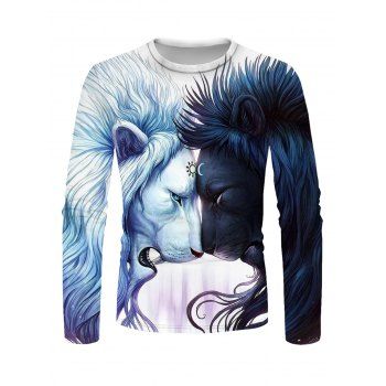 

Two Tone Lion 3D Print T-shirt Long Sleeve Round Neck Casual Tee, Multicolor