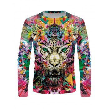 

Colorful Tiger Graffiti Print T-shirt Long Sleeve Round Neck Casual Tee, Multicolor