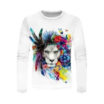 

Colored Flower Feather Lion Print T Shirt Round Neck Long Sleeve Casual Tee, Multicolor