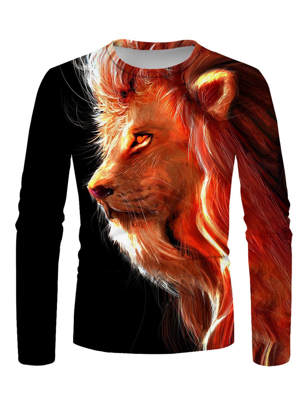 T-shirt Décontracté à Imprimé Lion Manches Longues à Col Rond - multicolor L