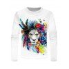 T-shirt Décontracté à Imprimé Fleur Lion Plume Coloré Manches Longues à Col Rond - multicolor 3XL