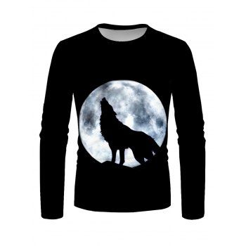

Moon Wolf Print T-shirt Round Neck Long Sleeve Casual Tee, Multicolor