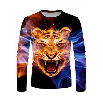 

Tiger Printed T Shirt Round Neck Long Sleeve Casual Tee, Multicolor