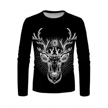 

Elk Print T Shirt Animal Round Neck Long Sleeve Casual Tee, Multicolor