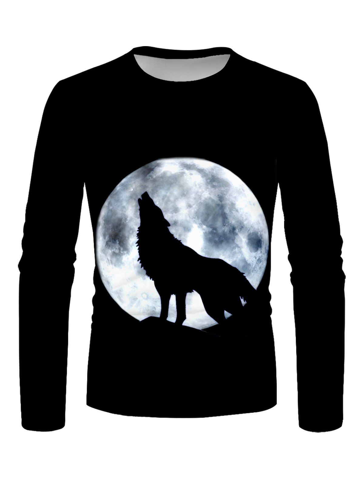 T-shirt Décontracté à Imprimé Lune Loup à Manches Longues à Col Rond - multicolor L
