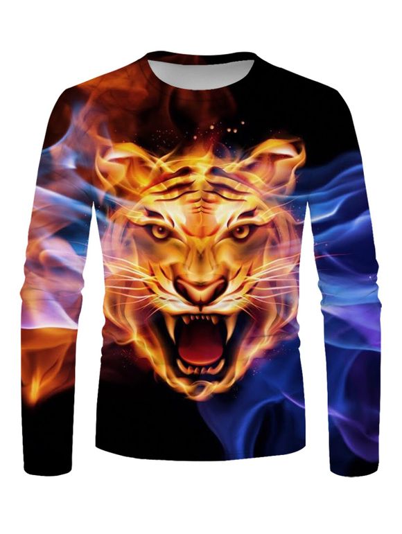 T-Shirt Décontracté à Manches Longues à Col Rond à Imprimé Tigre - multicolor 2XL