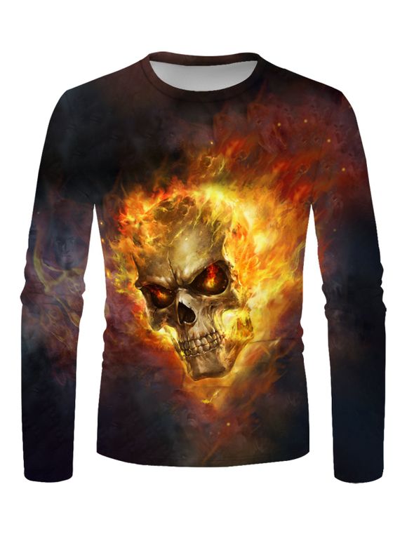 T-shirt Décontracté Gothique à Imprimé Crâne en Feu à Manches Longues à Col Rond - multicolor 3XL