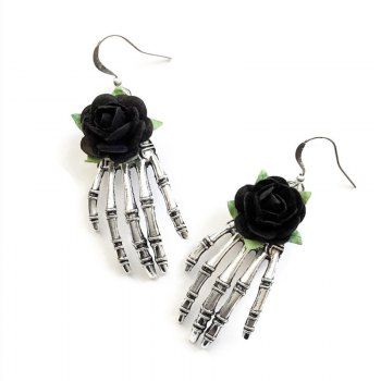 

Halloween Skeleton Hand and Rose Drop Earrings, Black