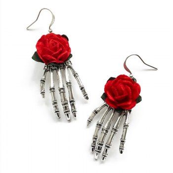 

Halloween Skeleton Hand and Rose Drop Earrings, Red