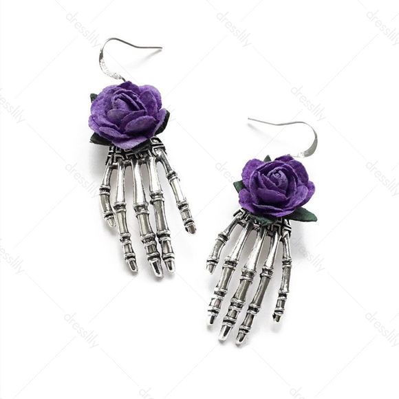 Boucles D'Oreilles D'Halloween Rose et Main Pendant - Pourpre Tyrian 