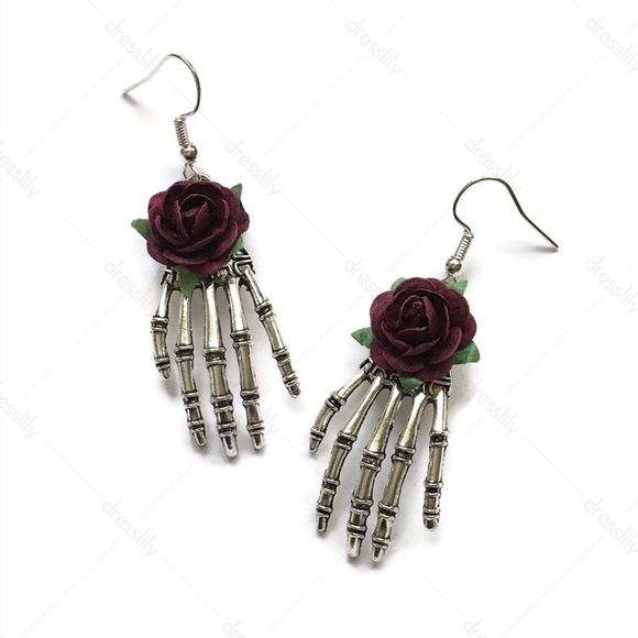 Boucles D'Oreilles D'Halloween Rose et Main Pendant - café 