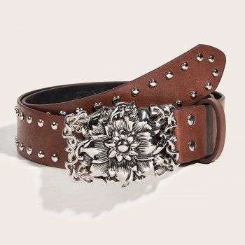 

Floral Engraved Rivets Adjustable PU Wide Waist Belt, Brown