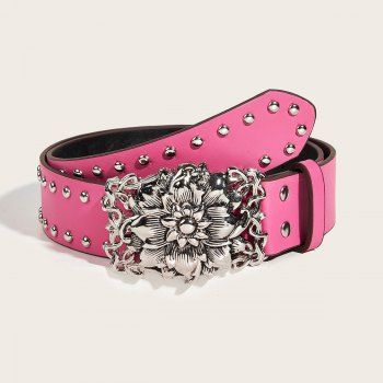 

Floral Engraved Rivets Adjustable PU Wide Waist Belt, Hot pink