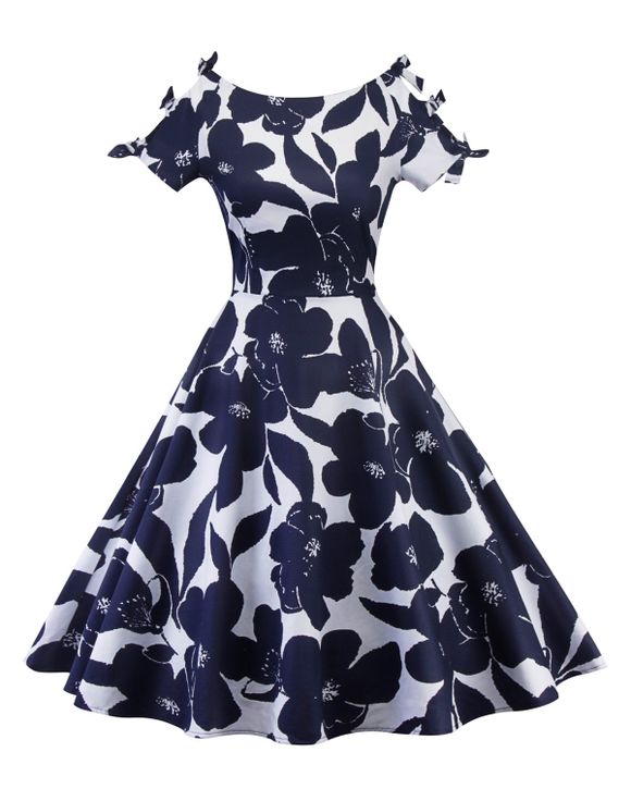 Floral Print Short  Sleeve Flare Dress - Bleu profond XL
