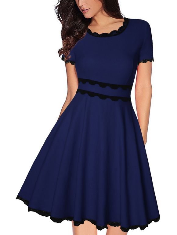 Round Neck Short Sleeves Narrow Waist Lace Stitching A-line Dress - Bleu L