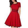 Round Neck Short Sleeves Narrow Waist Lace Stitching A-line Dress - Rouge 2XL