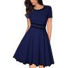 Round Neck Short Sleeves Narrow Waist Lace Stitching A-line Dress - Bleu L