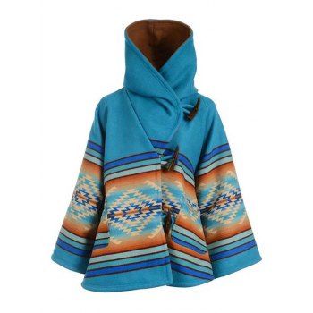 

Ethnic Style Hooded Coat Striped Printed Patch Pocket Horn Button Long Sleeve Coat, Blue