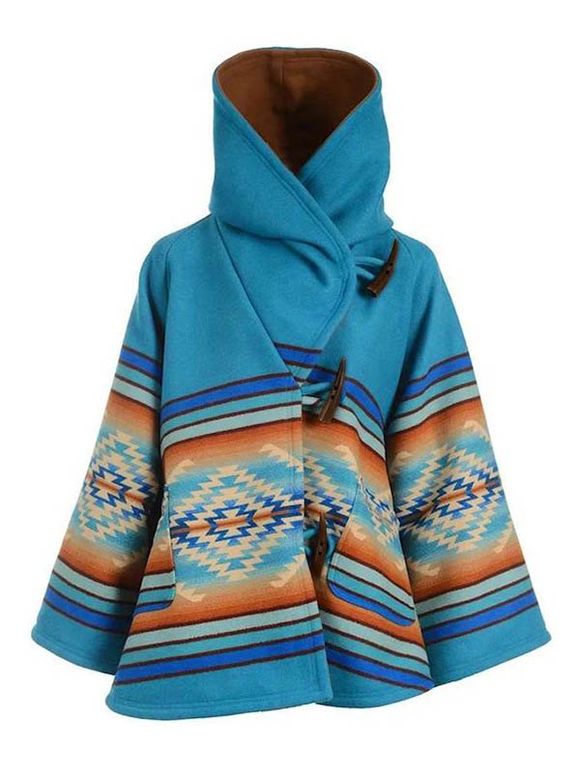 Manteau à Capuche Manches Longues avec Patch Poche et Boutons en Corne Style Ethnique - Bleu 2XL