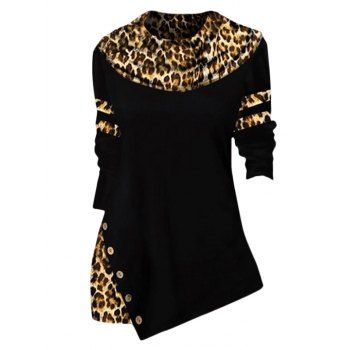 

Leopard Print Panel Long T-shirt Full Sleeve Round Neck Casual Tee, Black