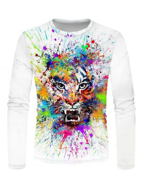T-shirt Décontracté à Imprimé Peinture Tigre Coloré à Manches Longues à Col Rond