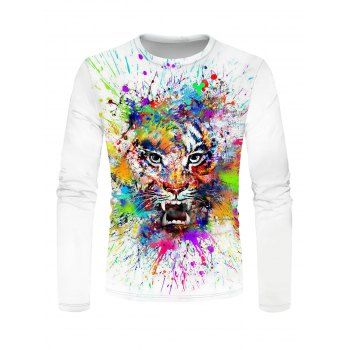 

Tiger Colorful Painting Print T-shirt Long Sleeve Casual Round Neck Tee, Multicolor