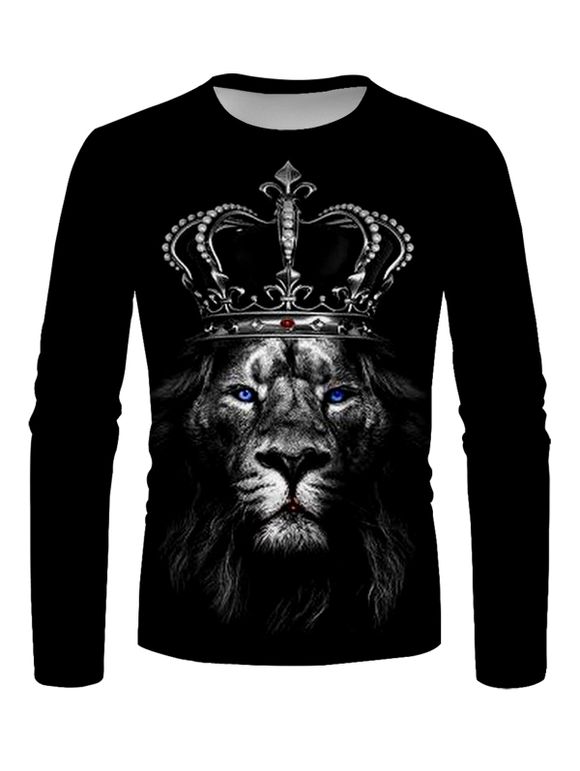 T-Shirt Décontracté Manches Longues à Col Rond Motif Lion et Couronne - multicolor 3XL