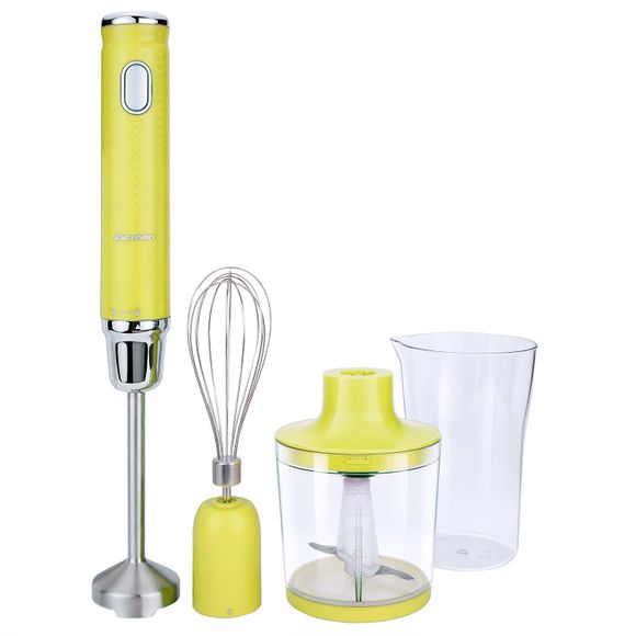 Excelvan Powerful 3-in-1 200W DC Motor Hand Blender with 500ml Chopper, 500ml Beaker and Whisk Attachments, One Speed Blending, Chopping, Baby Food, Stainless Steel, Light yellow - Jaune clair PSE