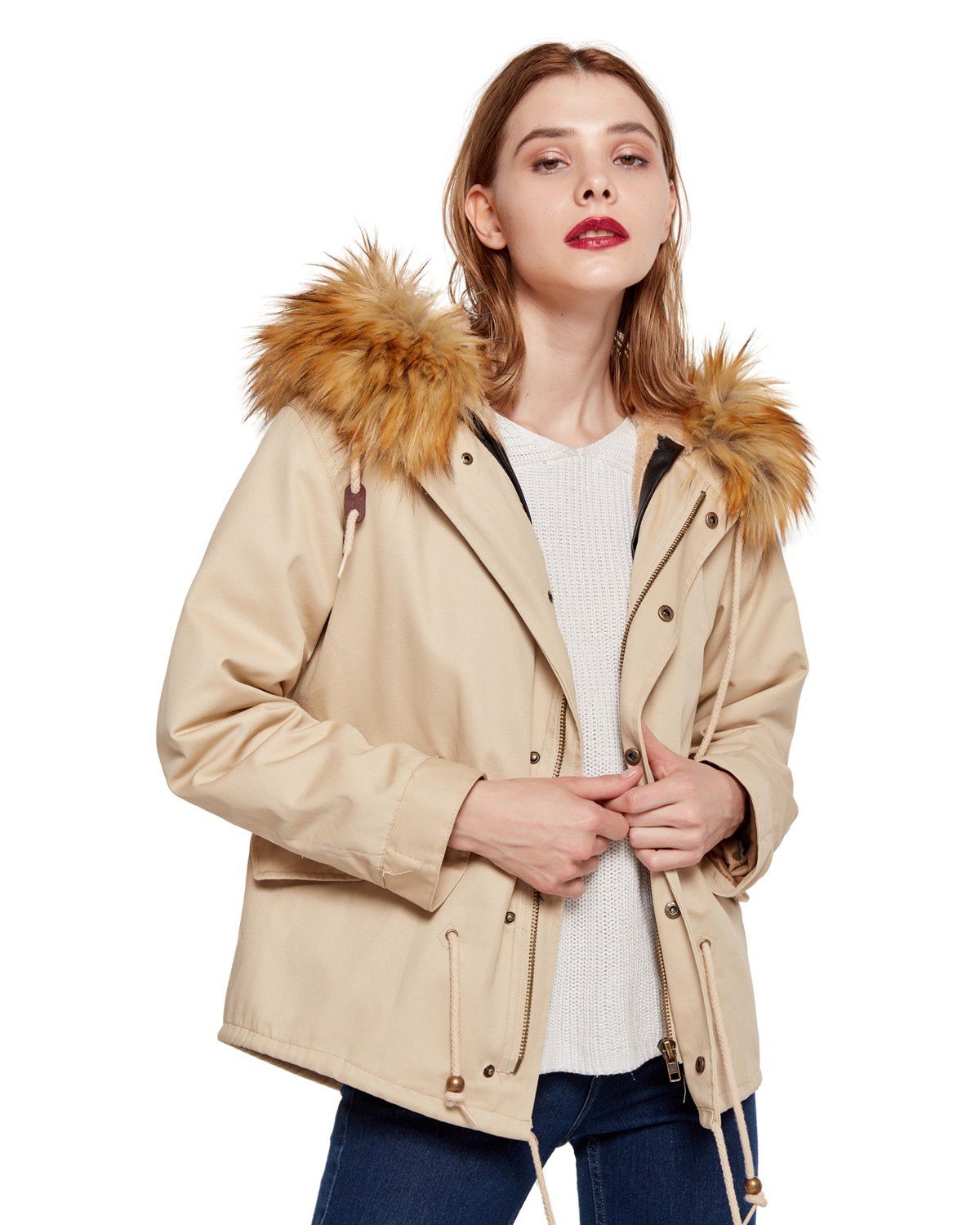 

Fake Fur Collar Coat, Light khaki