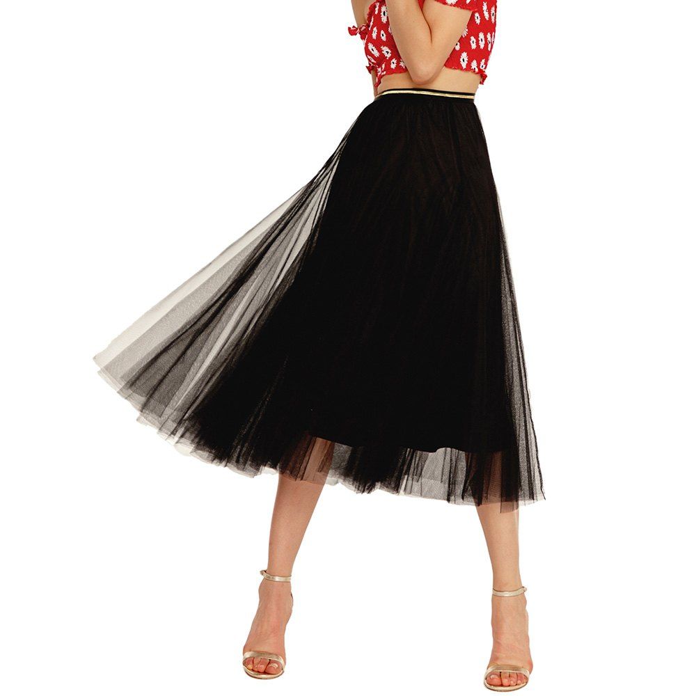 

Womens Elegant Combo Color Waistband Pleats Skirt, Black