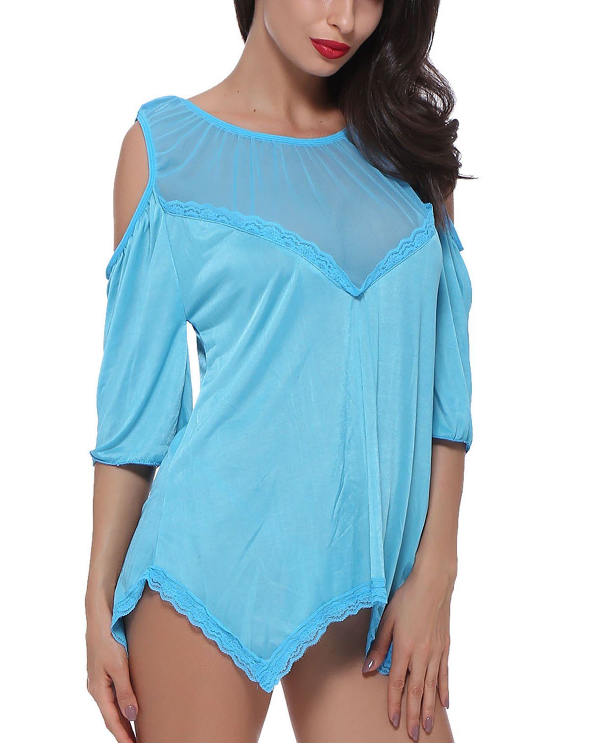 

Women Off Shoulder Loose Sexy Grid Lingerie Babydoll Badysuit, Deep sky blue
