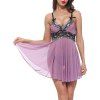 Women deep V-neck Sexy Lace Teddy Lingerie Two Piece Babydoll Mesh Chemise Sleepwears - Violet Alto M