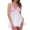 Women deep V-neck Sexy Floral Lace Teddy Lingerie Two Piece Babydoll Mesh Chemise Sleepwear - Blanc S