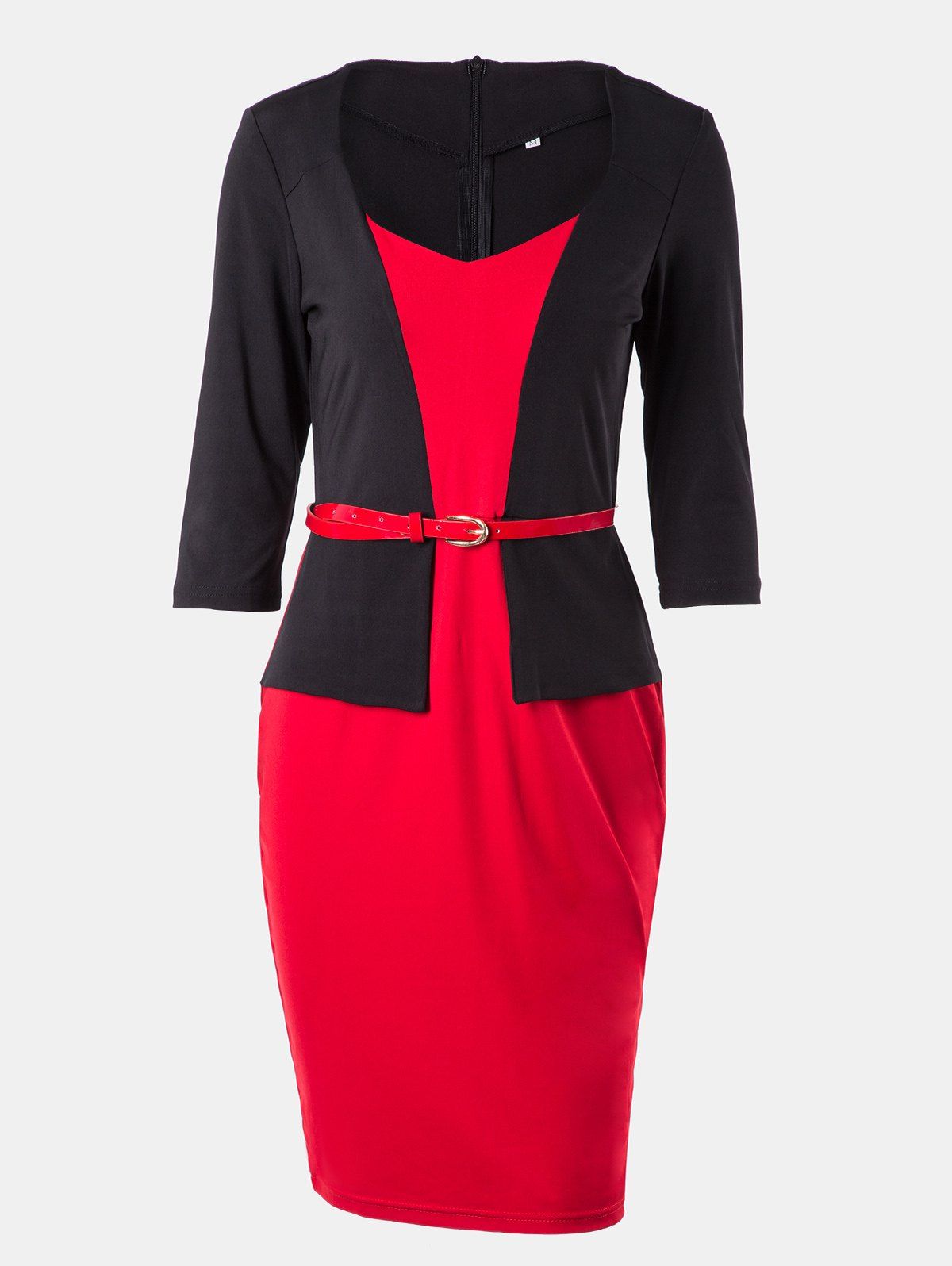 

Stylish Color Matching V Neck Seven Sleeves Pencil Dress, Red