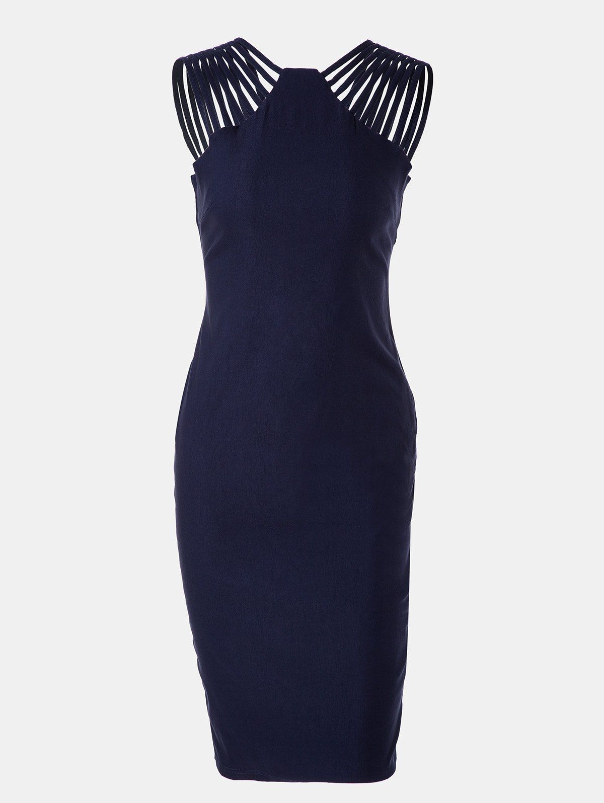 

Women Mid Length Pencil Dress With A Small Round Collar and Sleeveless, Deep blue