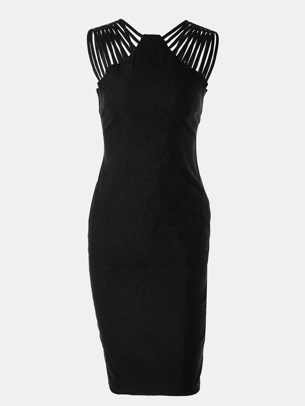 

Women Mid Length Pencil Dress With A Small Round Collar and Sleeveless, Black