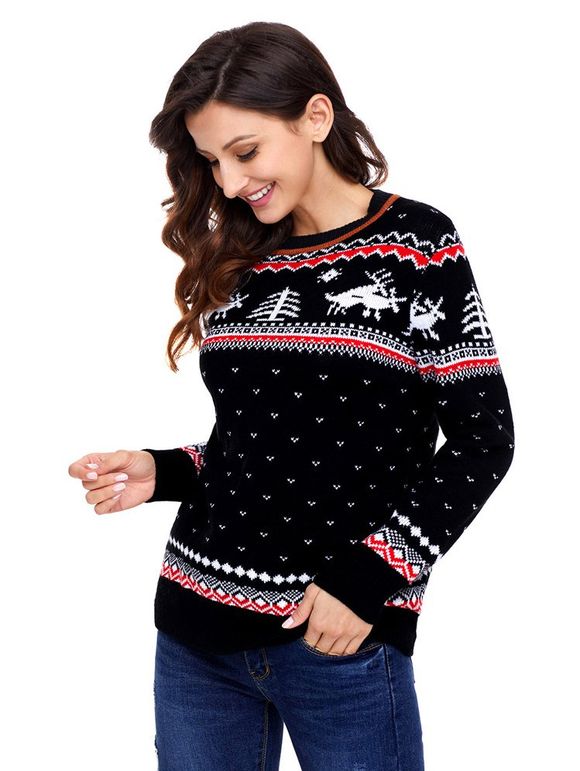 Christmas reindeer printed pattern base shirt knit sweater - BLACK S