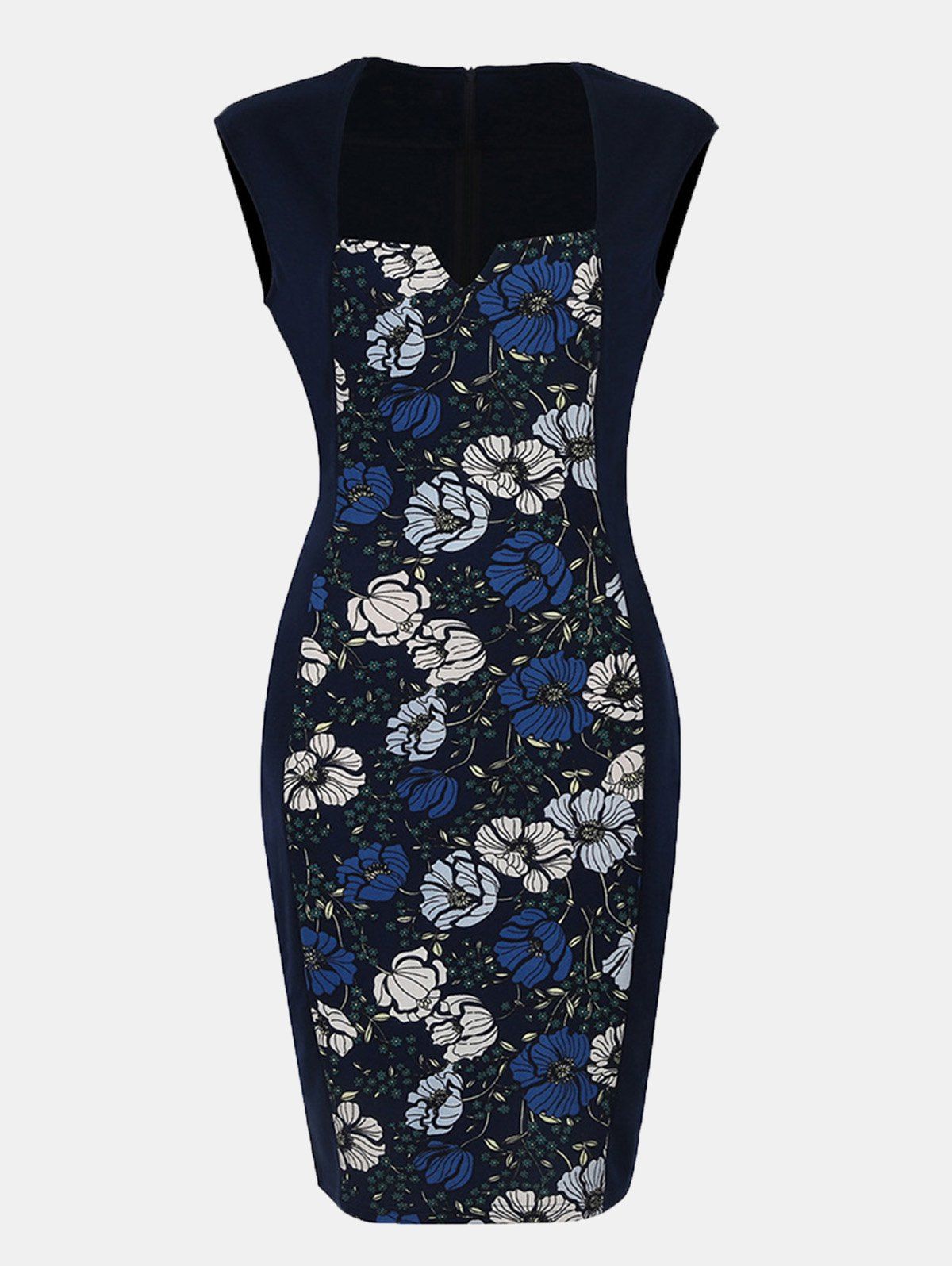 

Women's Floral Print Stitched Slim Pencil Dress, Deep blue