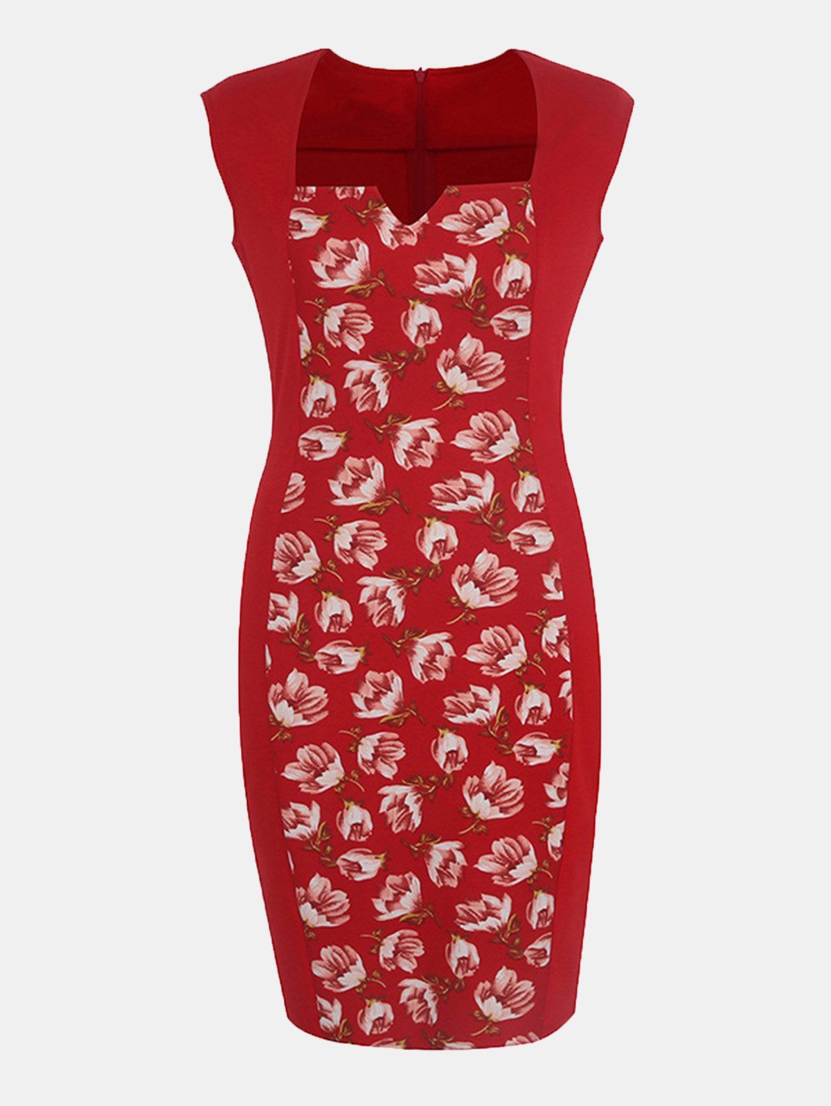 

Women's Floral Print Stitched Slim Pencil Dress, Lava red