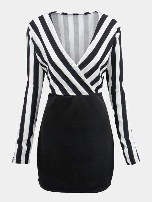 Women V-neck Stripes Patchwork Long Sleeve Wrap Dress - Noir S