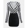 Women V-neck Stripes Patchwork Long Sleeve Wrap Dress - Noir L