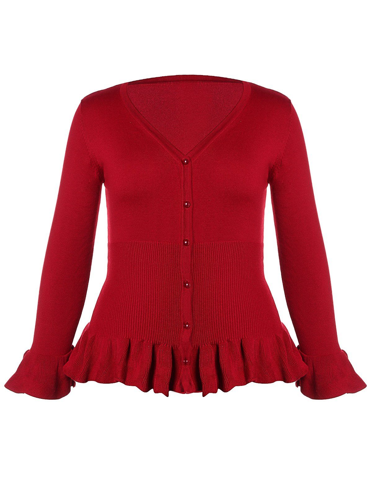 [41% OFF] 2021 Plus Size Ruffled Button Knit Cardigan In RED WINE ...