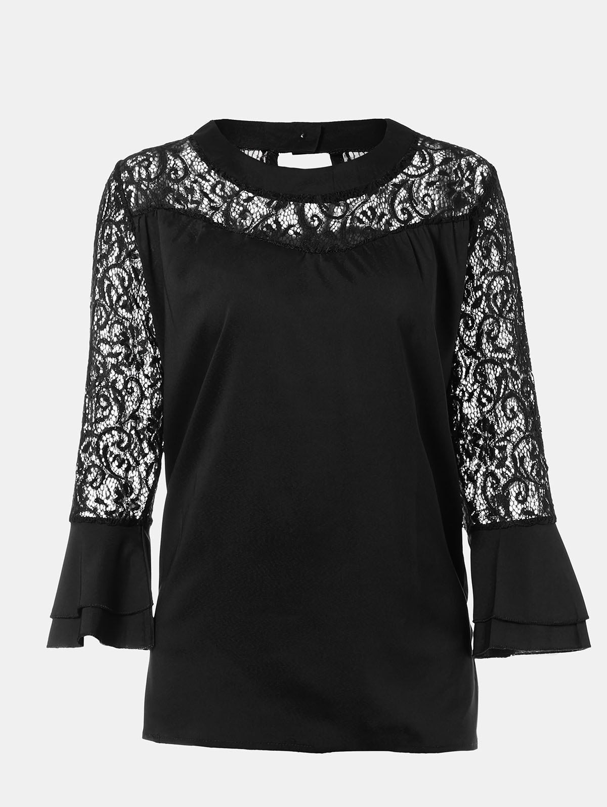 Women's Casual Lace Patchwork Chiffon  Tops - BLACK S