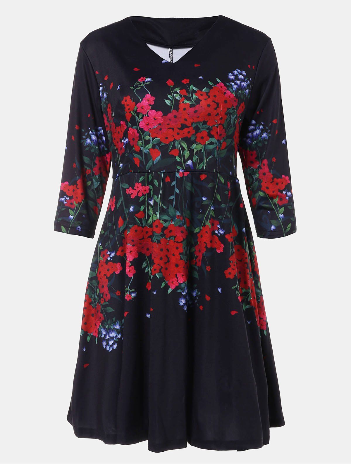 

V-neck Positioning Flowers Print With3/4 sleeves A-line Dress, Black