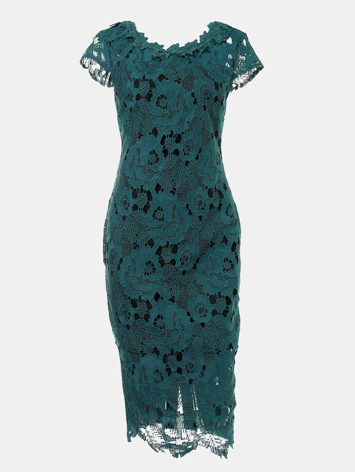

Hollow Lace Short Sleeves Slim Dress, Deep green