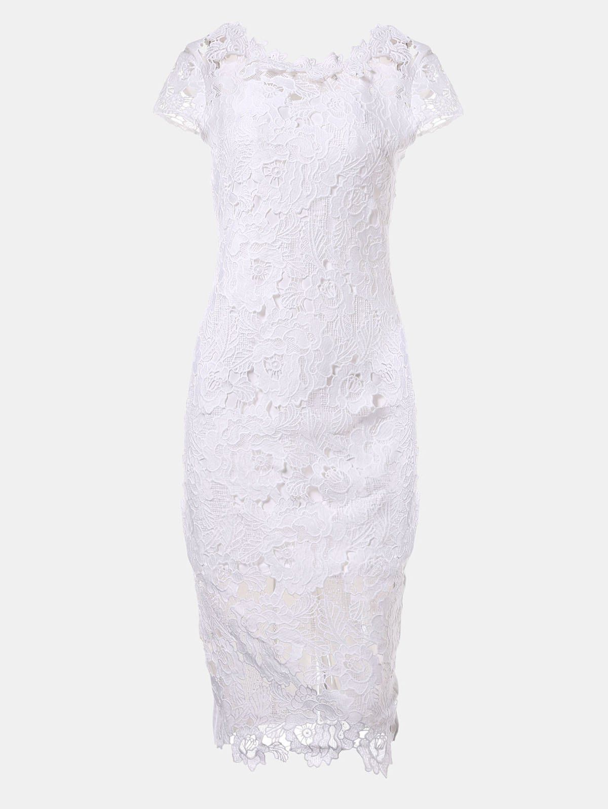 

Hollow Lace Short Sleeves Slim Dress, White