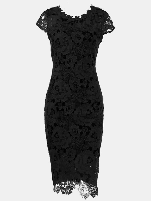 Hollow Lace Short Sleeves Slim Dress - Noir 2XL