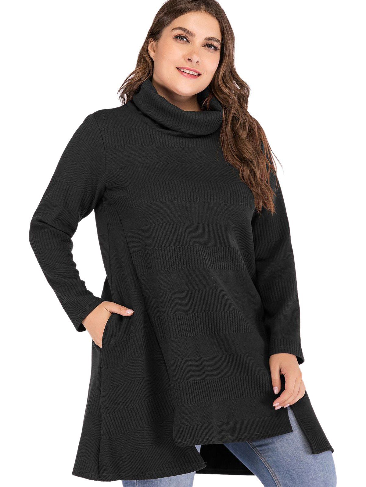

Asymmetrical Plus Size Pocket Turtleneck Sweater, Black