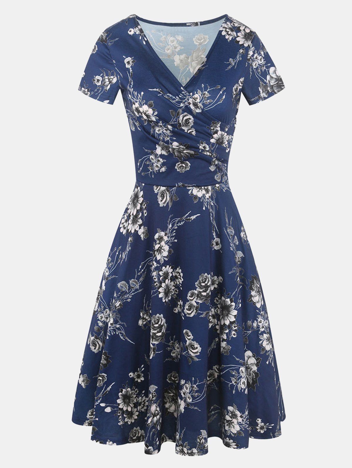 

V Neck Short Sleeves Printed A-line Dress, Deep blue